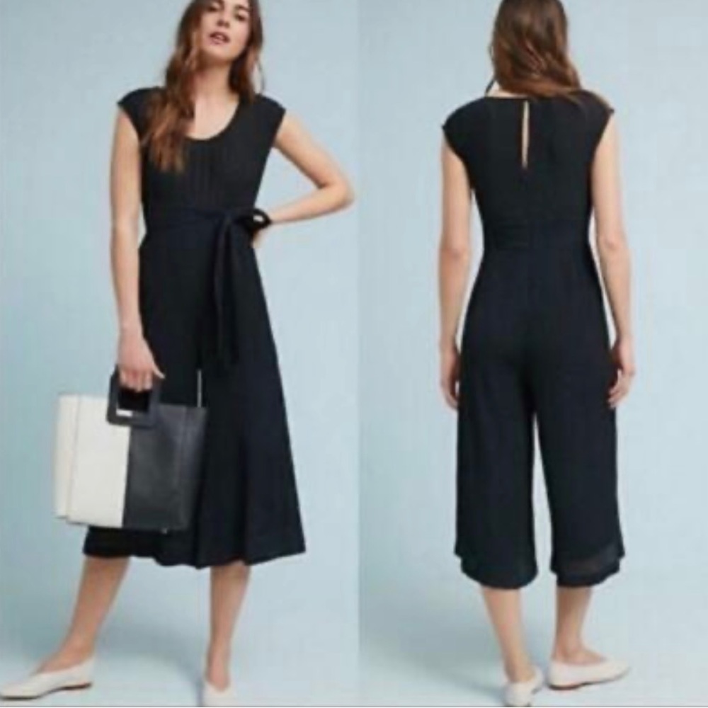 Anthropologie Abbey black sleeveless wide leg jumpsuit Crinkle Tie Back  Pockets